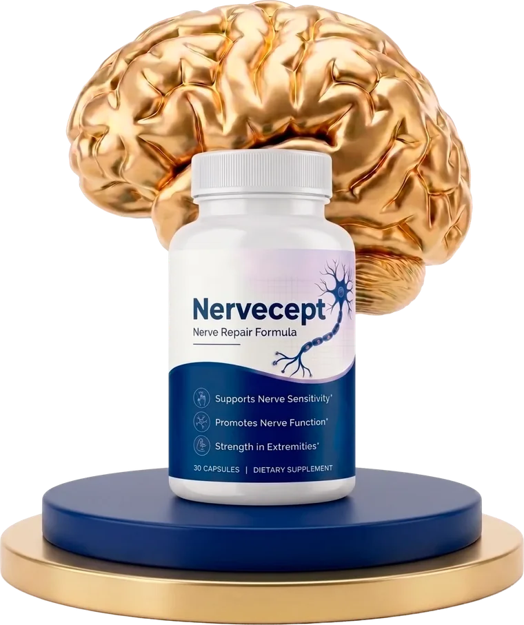 Nervecept capsule bottle on a golden podium